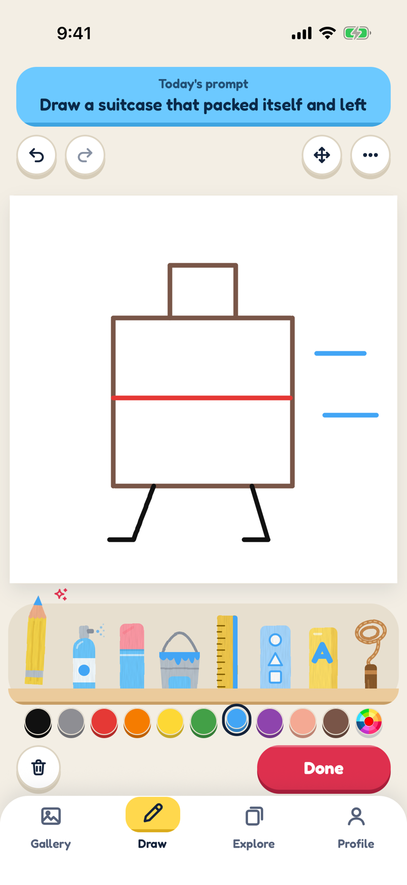 The app's Draw screen: today's prompt, "Draw a suitcase that packed itself and left", in a strip at the top. On the white page, a half-finished doodle of a brown suitcase walking off on two legs. Under it, a tray of drawing tools, a row of colors and a Done button.