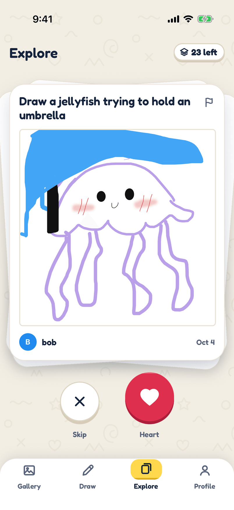 The app's Explore screen: someone's drawing of a jellyfish under an umbrella on a card, with Skip and Heart buttons under it.