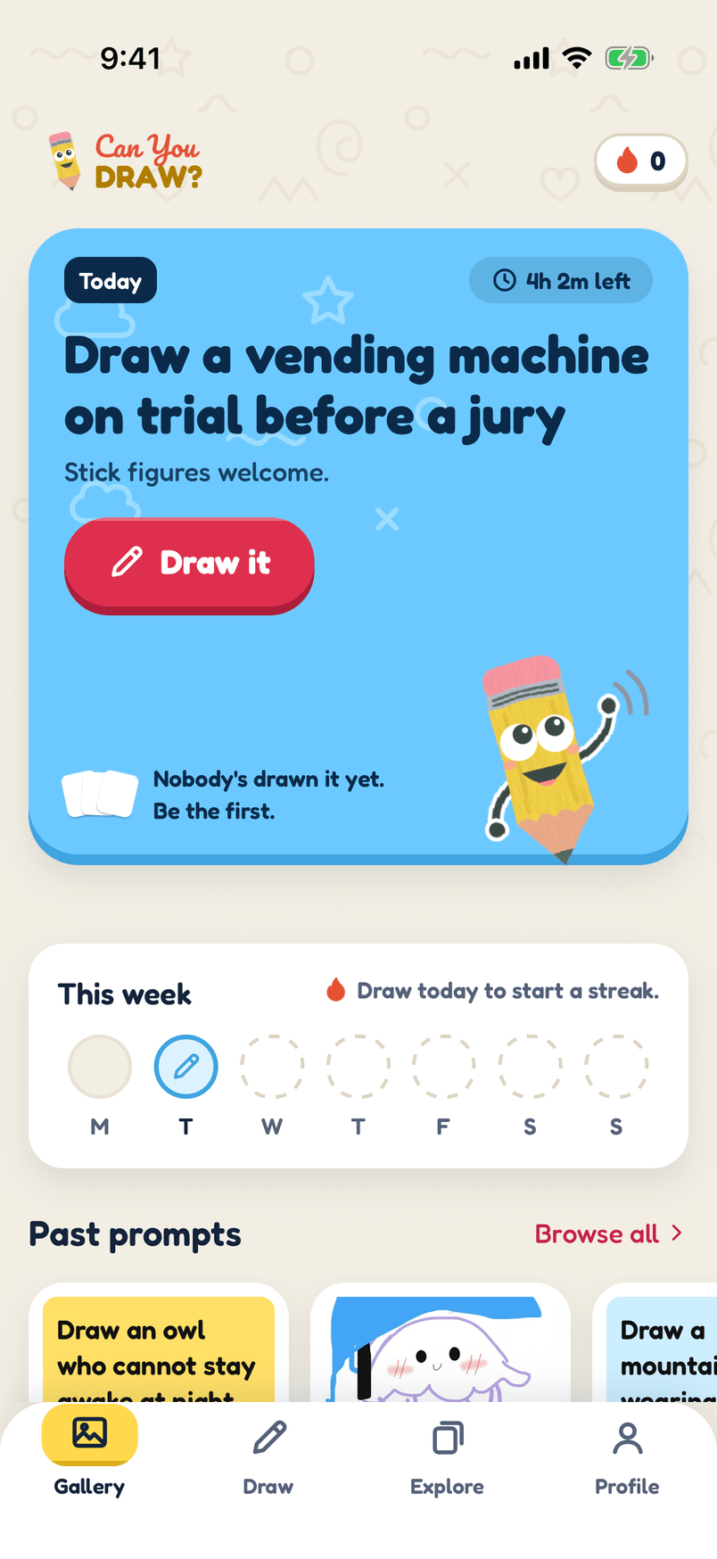 The app's Home screen: today's prompt, "Draw a vending machine on trial before a jury", on a sky blue card with a Draw it button. Under it, the week's streak and past prompts.